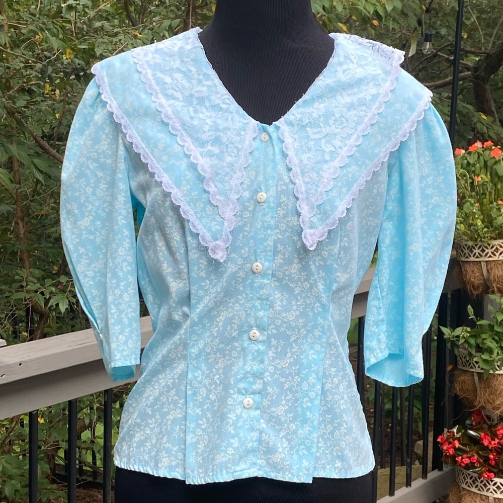 Vintage 80s Lace Cottagecore Prairie Floral Victorian Puff Sleeve Blouse Shirt